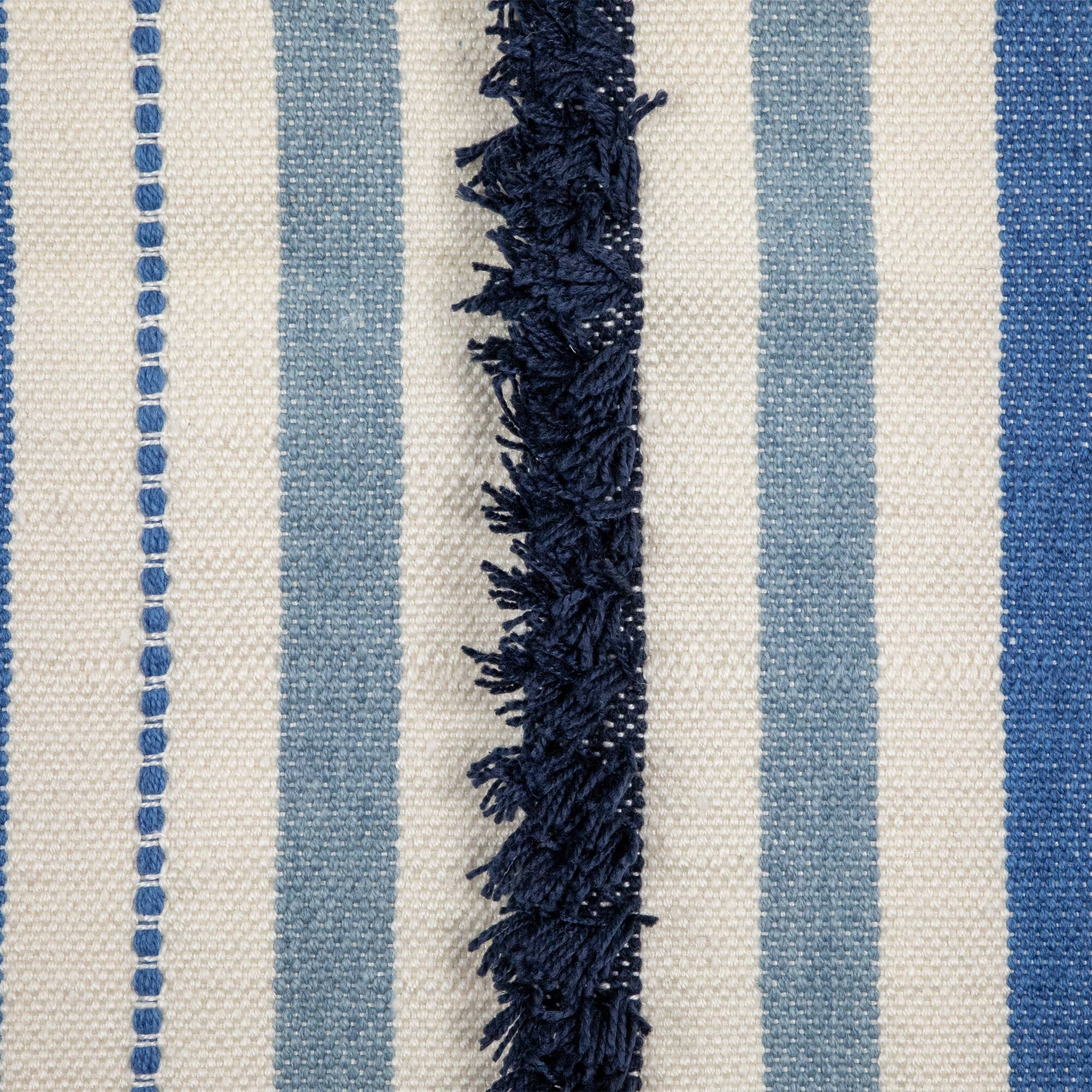 Blue, Cream & Black Striped Handloom Woven Outdoor Throw Rug, 3.5ft.x 2ft.